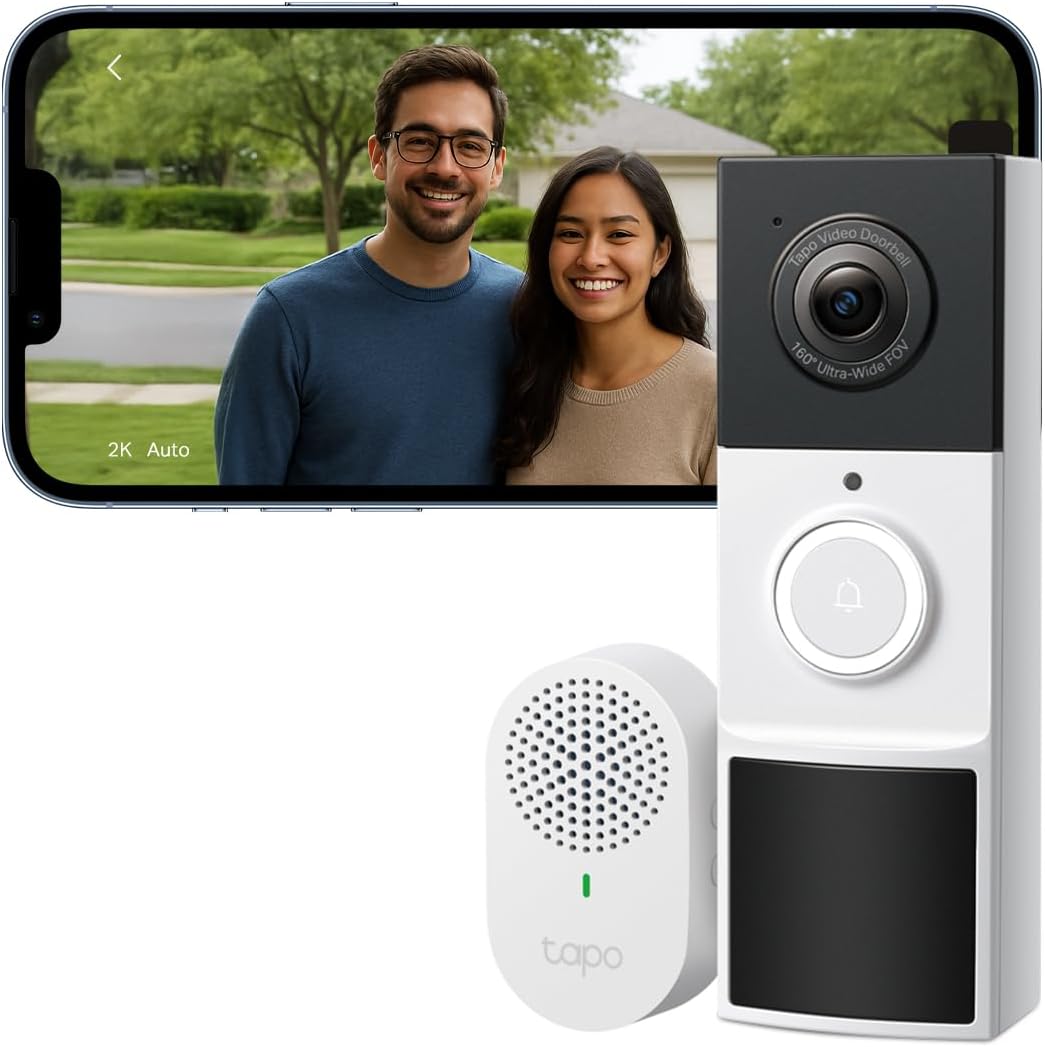 Tapo Waterproof Outdoor Wireless Doorbell with 2K Camera, with Chime | IP65, battery life 180j battery, free AI human detection without subscription, two-way audio, 160° wide angle