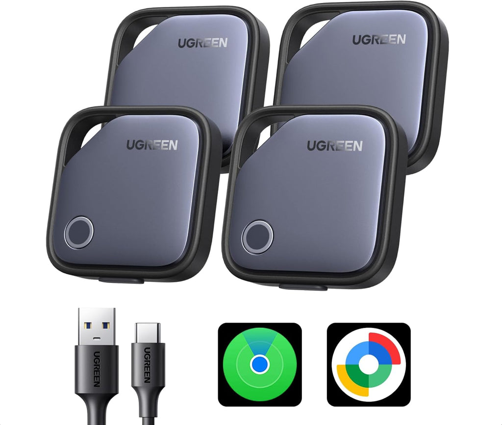 UGREEN FineTrack Duo Tag with iOS Find My and Android Find Hub 4 Pack | USB C Charging, Bluetooth Object Locator, for Keys, Suitcases, Wallets, Bags, Plotter