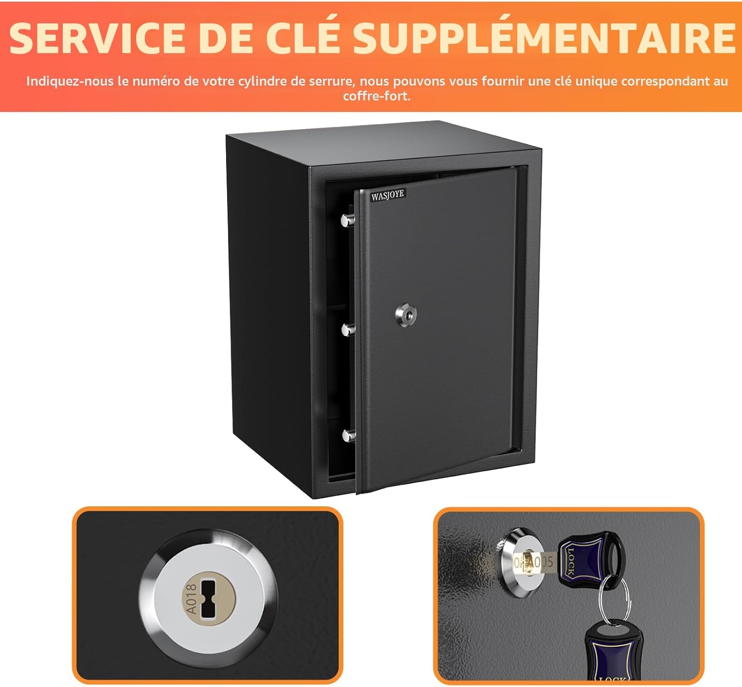 Safe with 2 Keys, WASJOYE Key Lock Box, 47L Home/Office Security Box, Steel Safe for Storing Money, Jewellery, Medicine, Phones, Documents, 45 x 35 x 31 cm