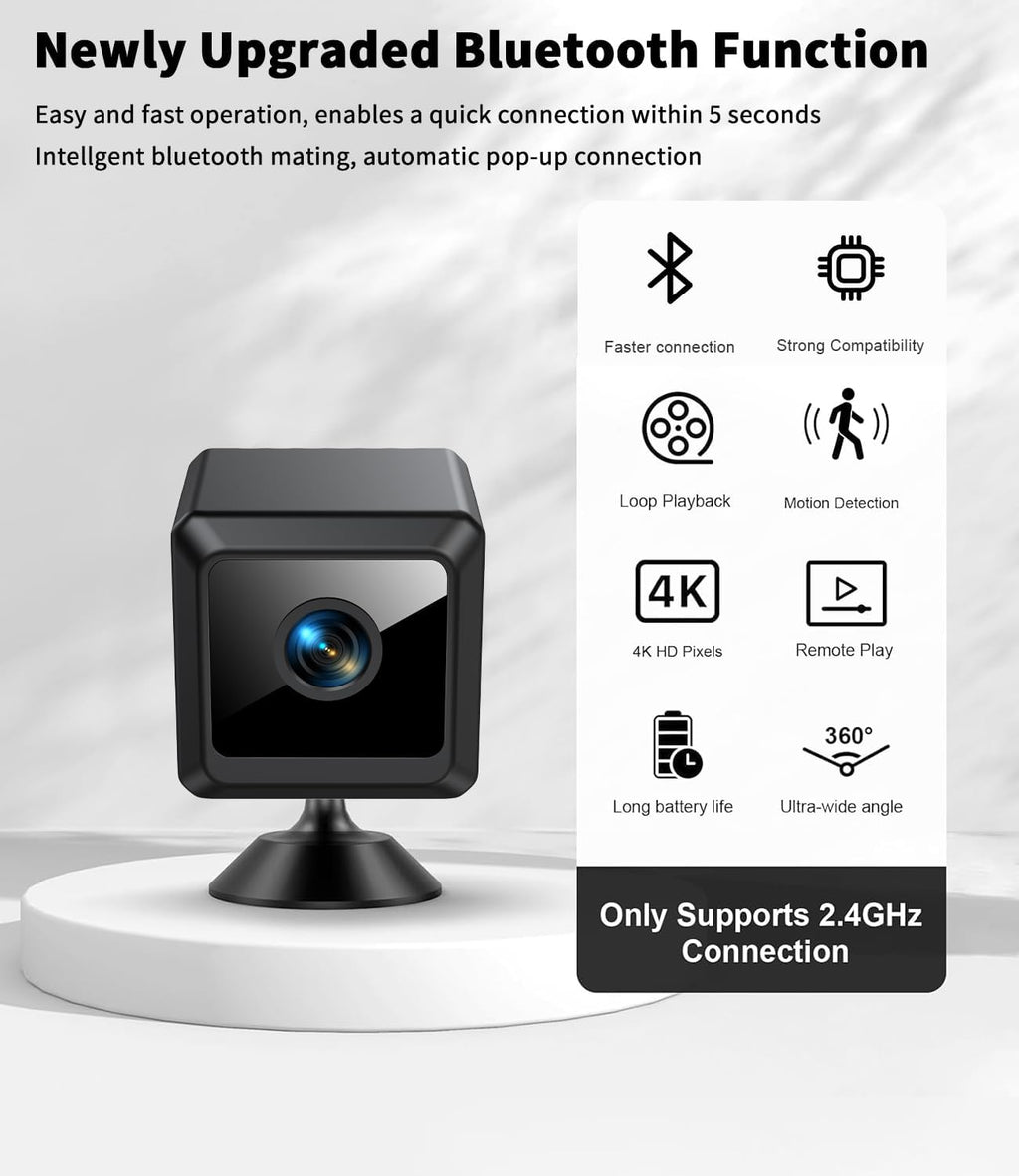 Caméra de Surveillance WiFi 4K Intérieur/Extérieur, Caméra Espion Bluetooth avec Vision Nocturne, Mini Camera Espion, Connexion Rapide & Enregistrement Continu, Stockage Cloud SD, Détection Mouvement