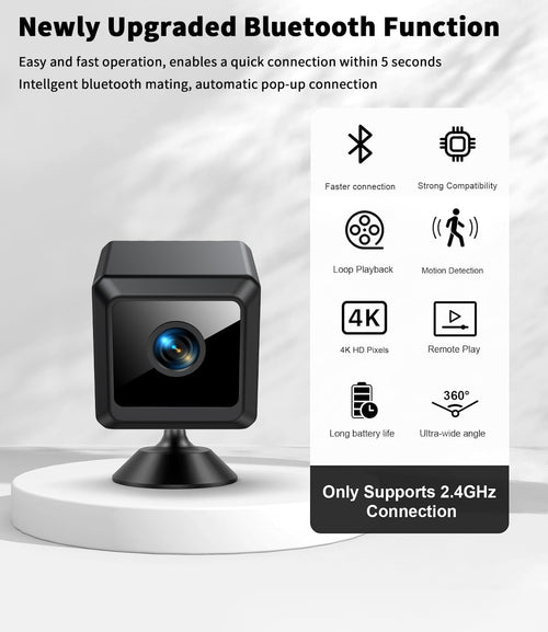 Caméra de Surveillance WiFi 4K Intérieur/Extérieur, Caméra Espion Bluetooth avec Vision Nocturne, Mini Camera Espion, Connexion Rapide & Enregistrement Continu, Stockage Cloud SD, Détection Mouvement
