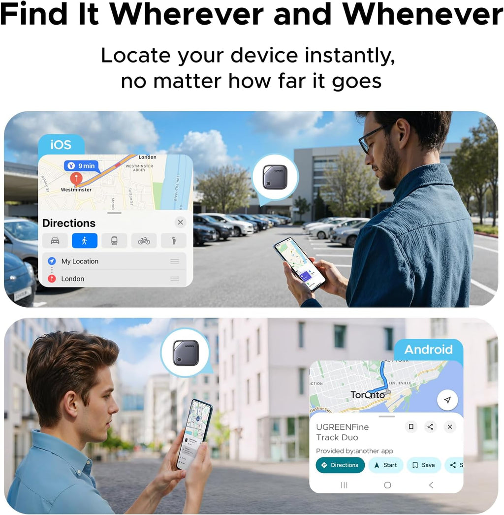UGREEN FineTrack Duo Tag with iOS Find My and Android Find Hub 4 Pack | USB C Charging, Bluetooth Object Locator, for Keys, Suitcases, Wallets, Bags, Plotter