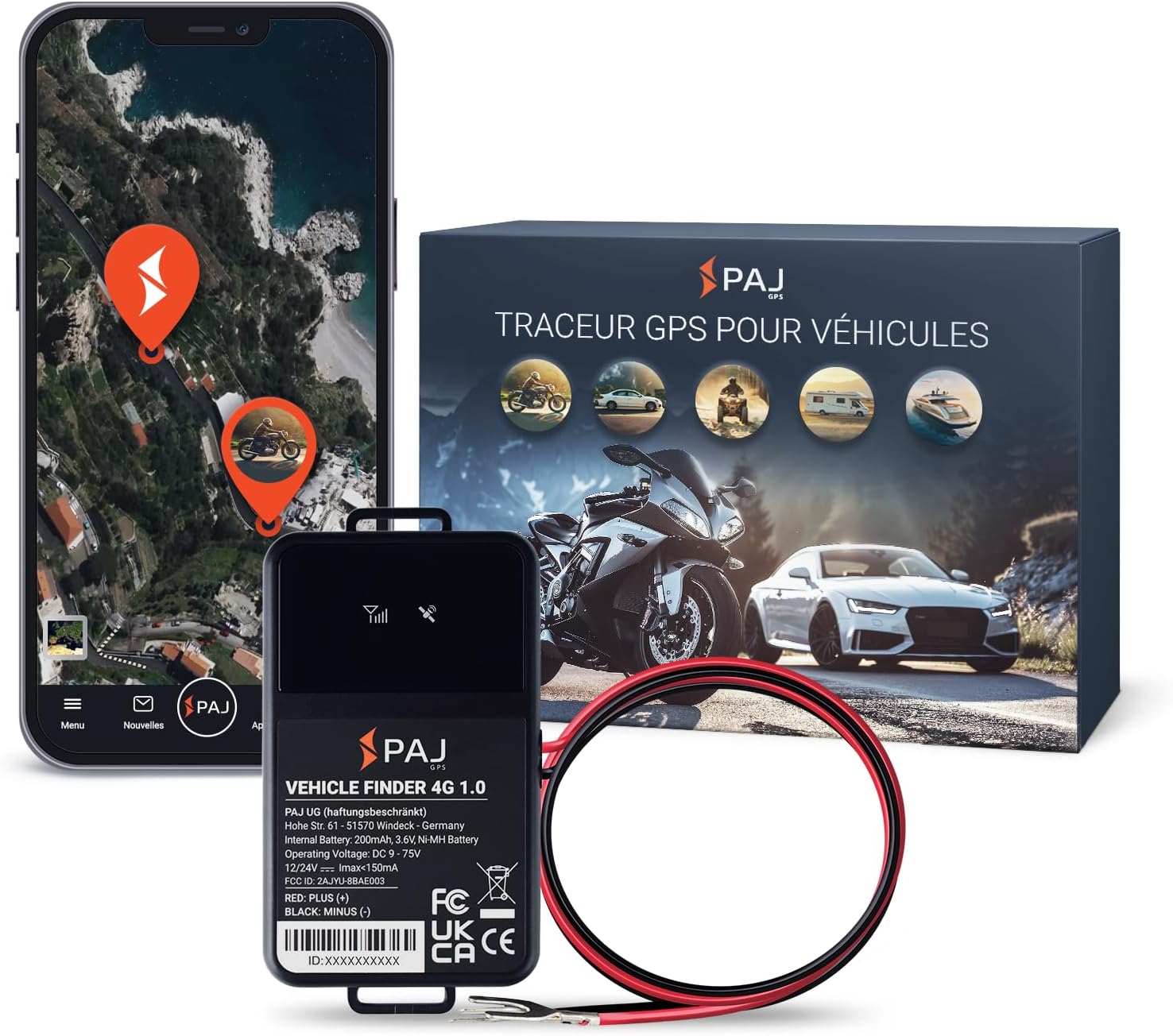 PAJ Vehicle Finder 1.0 4G GPS Tracker for Car, Motorcycle and Truck - Real Time Tracking, Safety Alerts, Journey History - Direct Connection to Battery - 40cm Cable