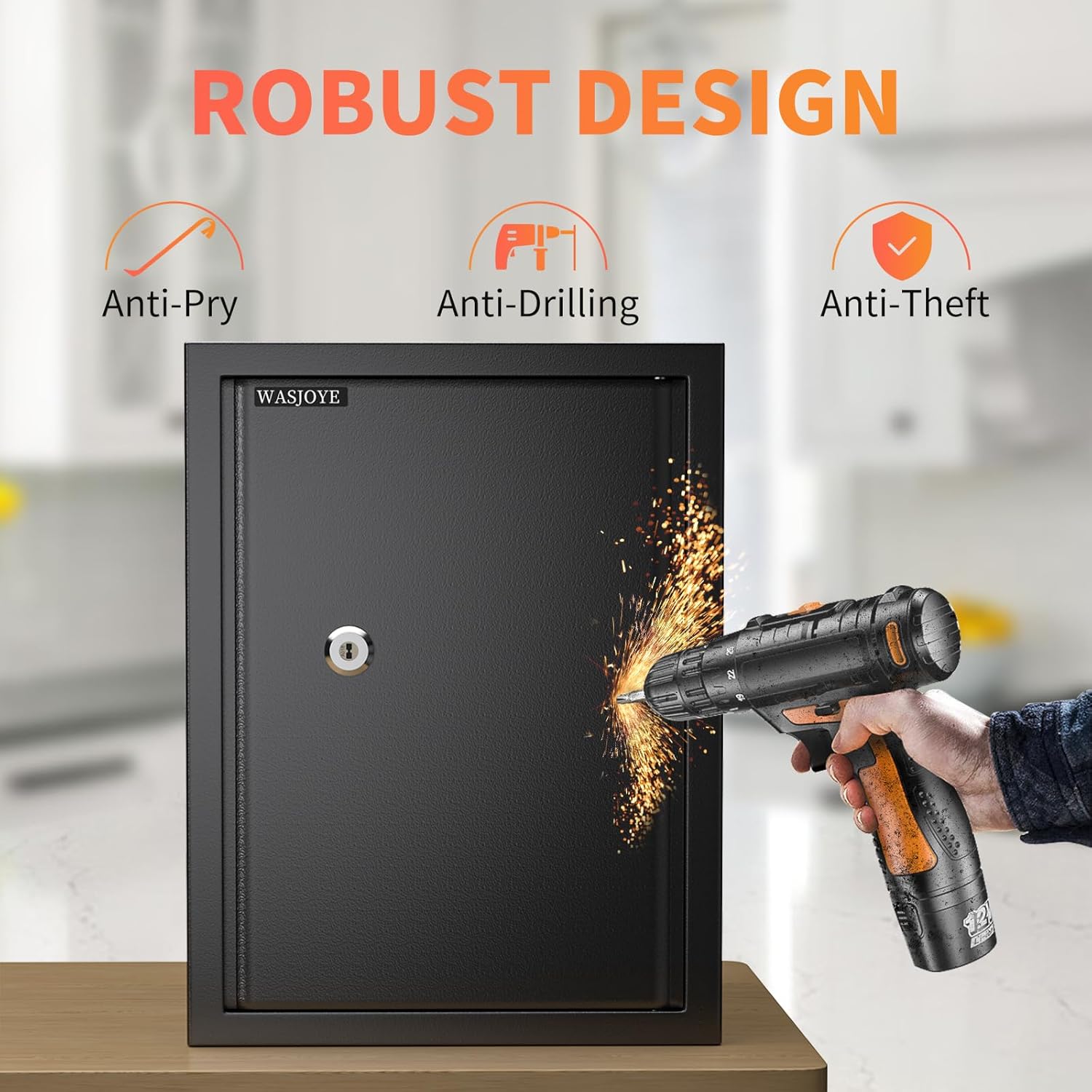 Safe with 2 Keys, WASJOYE Key Lock Box, 47L Home/Office Security Box, Steel Safe for Storing Money, Jewellery, Medicine, Phones, Documents, 45 x 35 x 31 cm