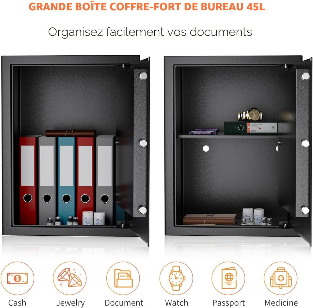 Safe with 2 Keys, WASJOYE Key Lock Box, 47L Home/Office Security Box, Steel Safe for Storing Money, Jewellery, Medicine, Phones, Documents, 45 x 35 x 31 cm