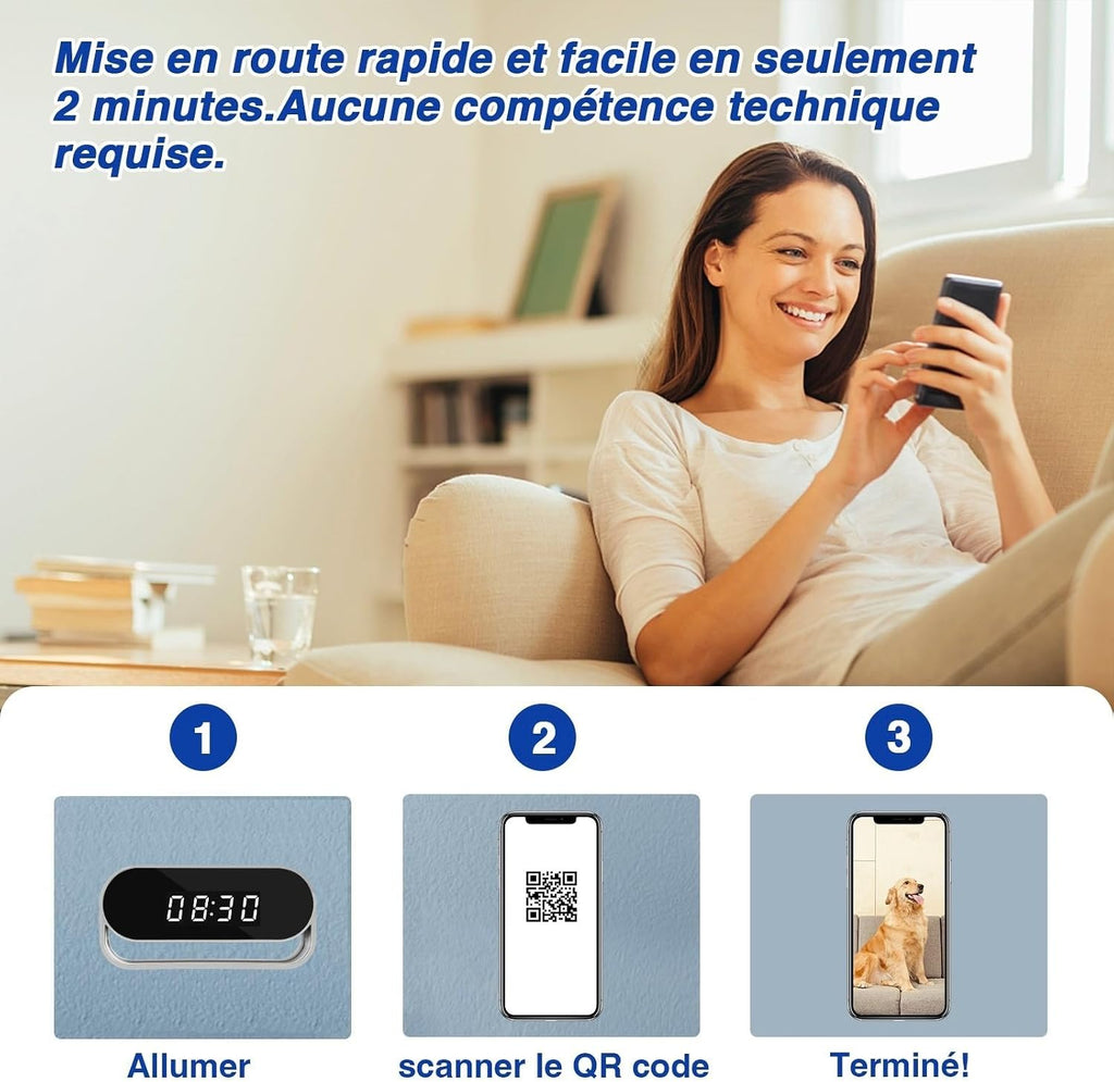 WIWACAM MW7 Plus Caméra Espion WiFi 2K Ultra HD Camera, Détection de Mouvement Intelligente, Alarme sur Téléphone Portable, Vision Nocturne, Alarme par e-Mail