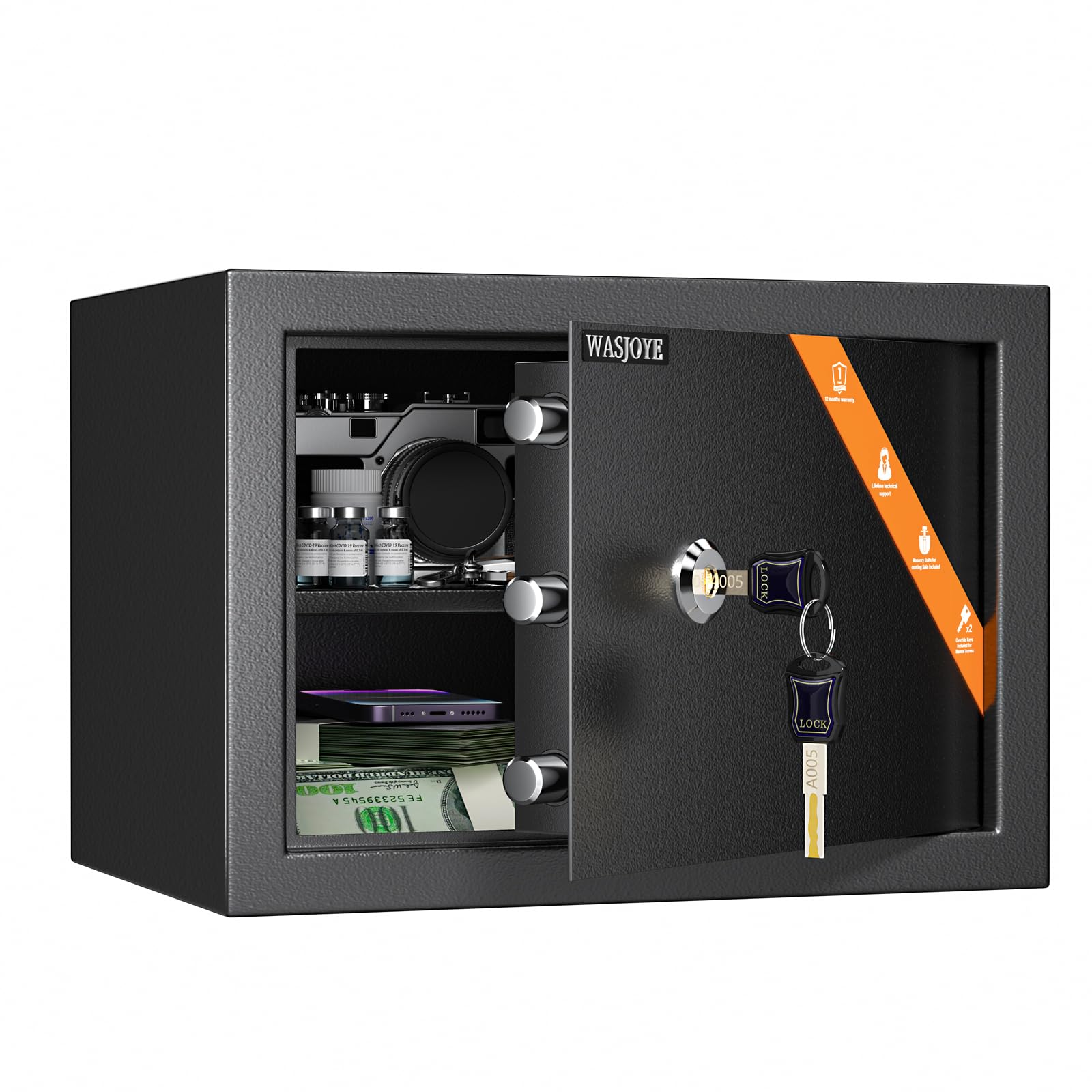 Safe with 2 Keys, WASJOYE Key Lock Box, 47L Home/Office Security Box, Steel Safe for Storing Money, Jewellery, Medicine, Phones, Documents, 45 x 35 x 31 cm