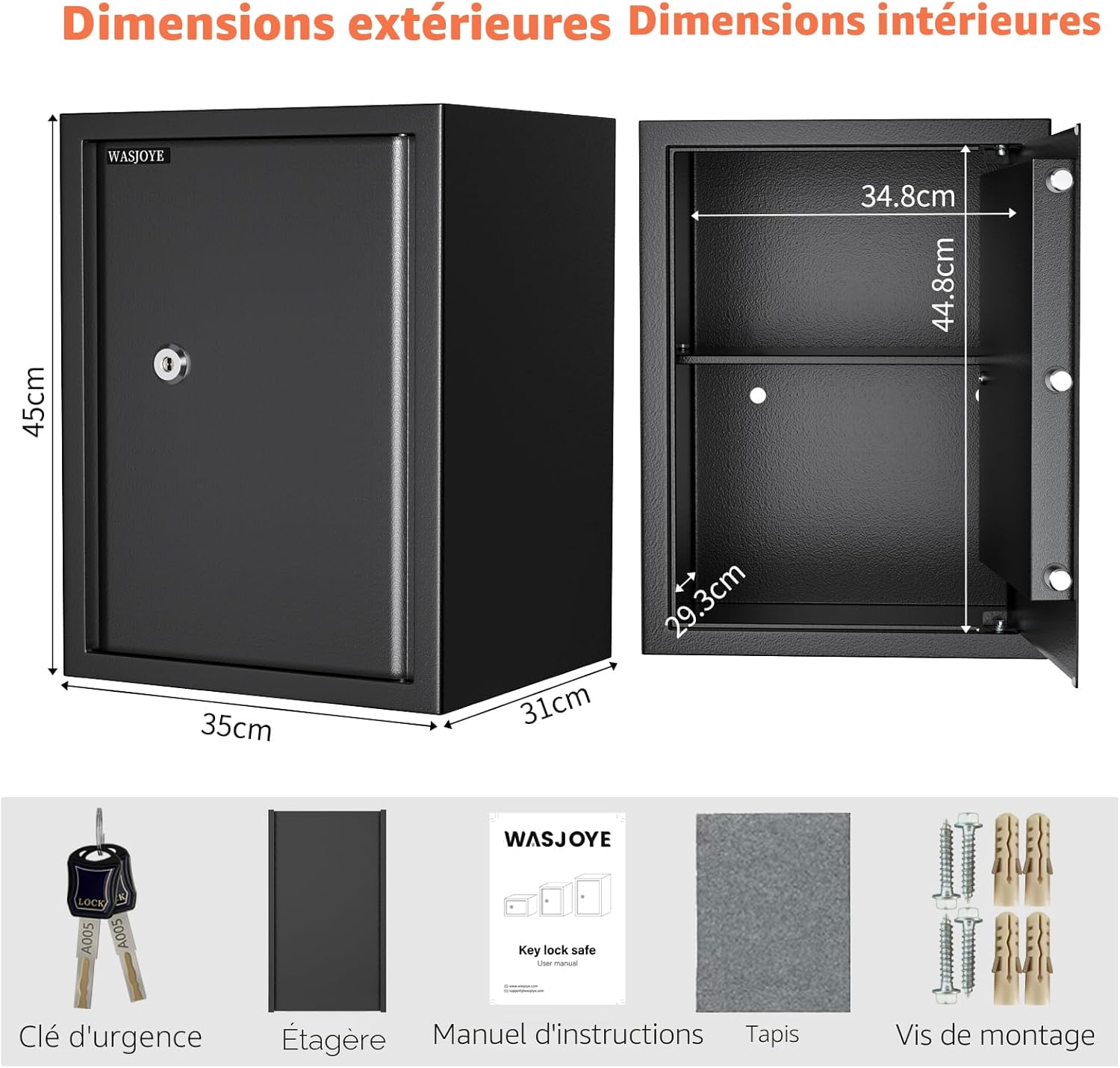 Safe with 2 Keys, WASJOYE Key Lock Box, 47L Home/Office Security Box, Steel Safe for Storing Money, Jewellery, Medicine, Phones, Documents, 45 x 35 x 31 cm