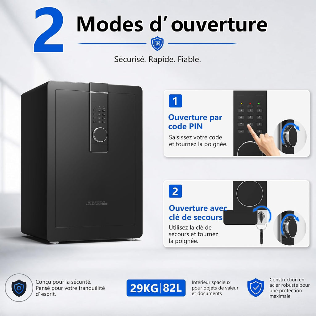 29 kg Heavy Duty Steel Safe 82L Electronic Safe with Digital Code and Key for Home and Office, Ideal for Jewellery, Money and A4 Documents, Instructions in French (Black, 82L)