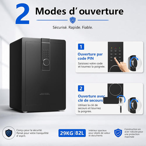 29 kg Heavy Duty Steel Safe 82L Electronic Safe with Digital Code and Key for Home and Office, Ideal for Jewellery, Money and A4 Documents, Instructions in French (Black, 82L)