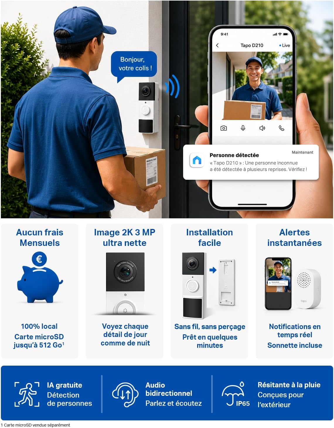 Tapo Waterproof Outdoor Wireless Doorbell with 2K Camera, with Chime | IP65, battery life 180j battery, free AI human detection without subscription, two-way audio, 160° wide angle