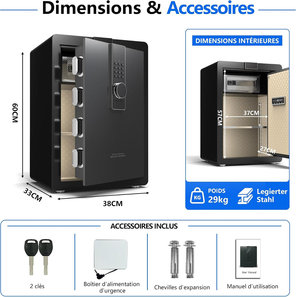 29 kg Heavy Duty Steel Safe 82L Electronic Safe with Digital Code and Key for Home and Office, Ideal for Jewellery, Money and A4 Documents, Instructions in French (Black, 82L)