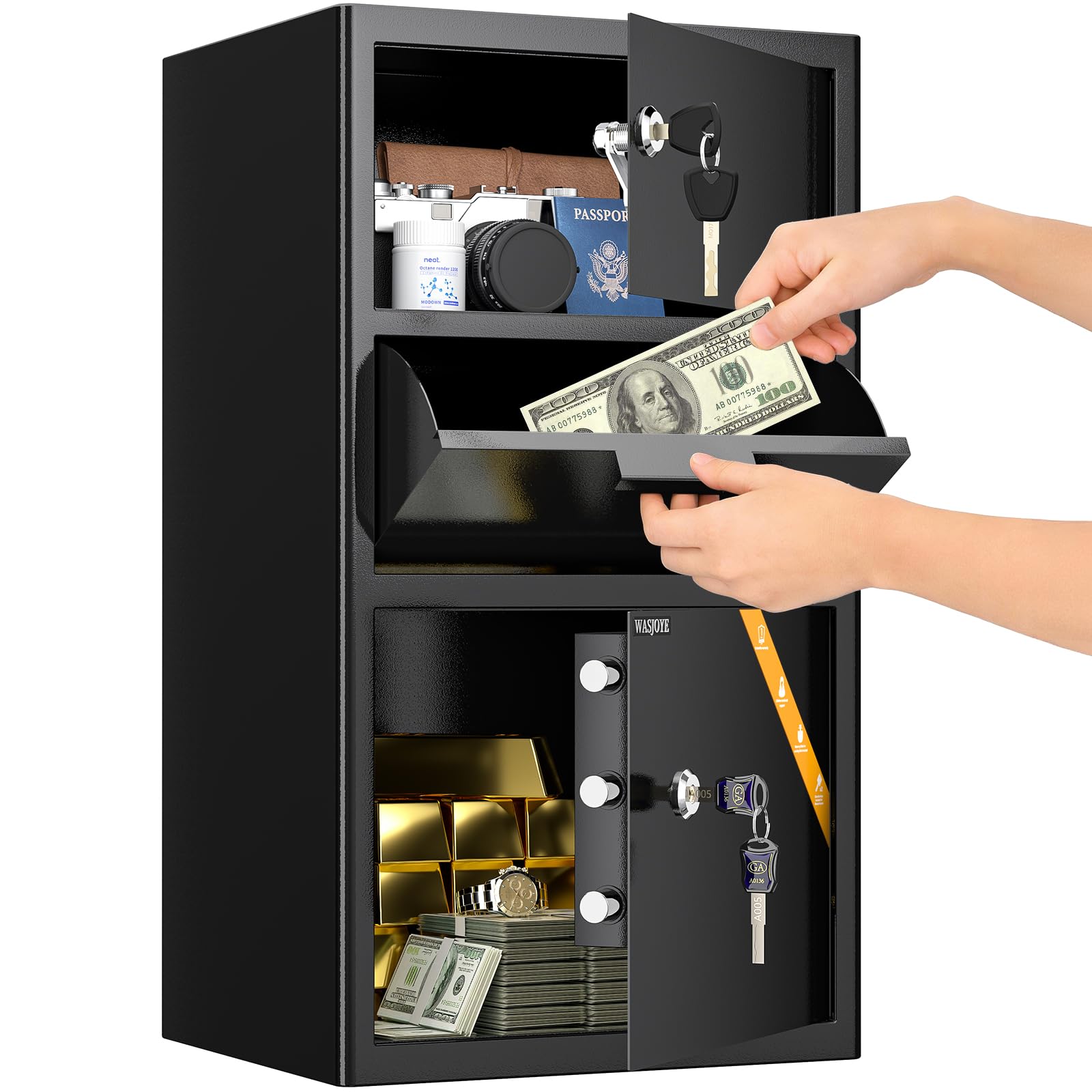Safe with 2 Keys, WASJOYE Key Lock Box, 47L Home/Office Security Box, Steel Safe for Storing Money, Jewellery, Medicine, Phones, Documents, 45 x 35 x 31 cm