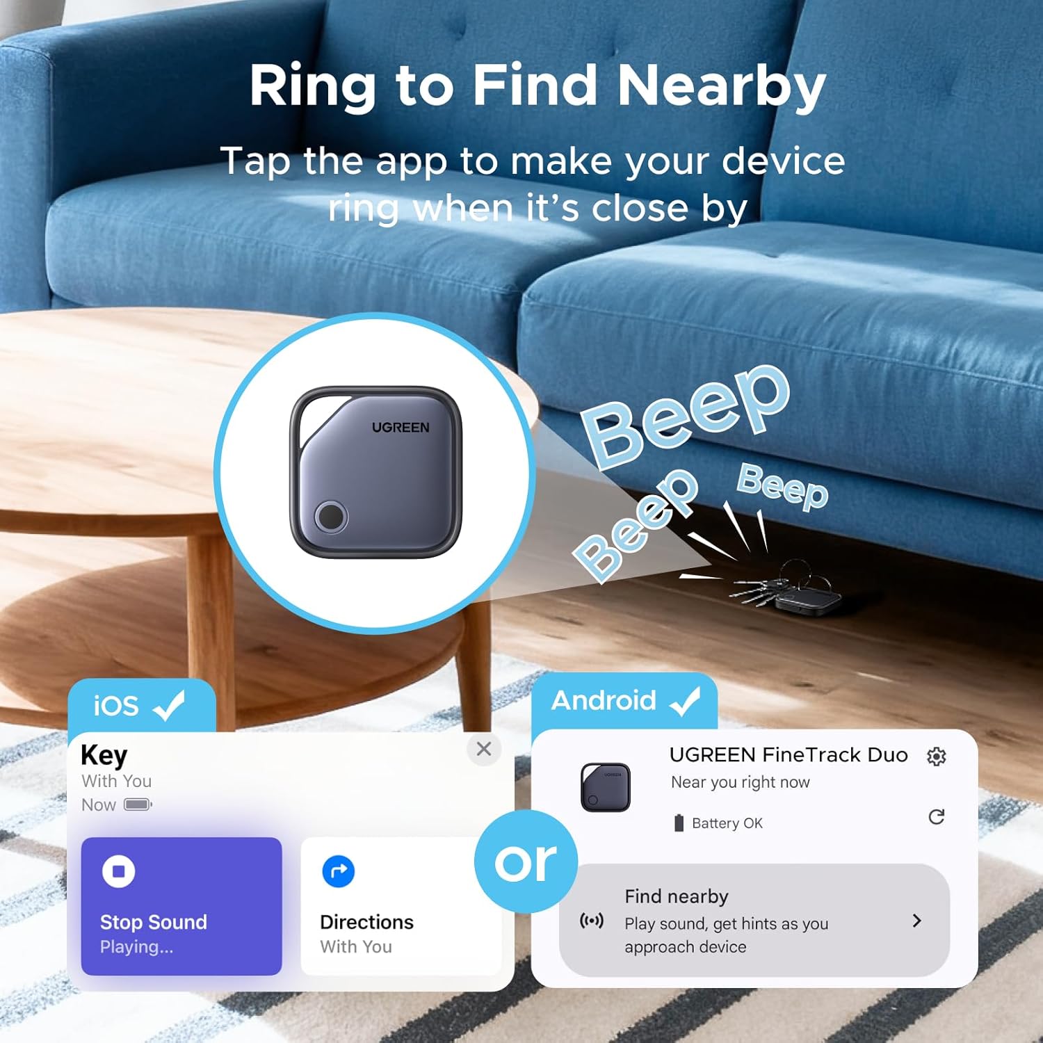 UGREEN FineTrack Duo Tag with iOS Find My and Android Find Hub 4 Pack | USB C Charging, Bluetooth Object Locator, for Keys, Suitcases, Wallets, Bags, Plotter