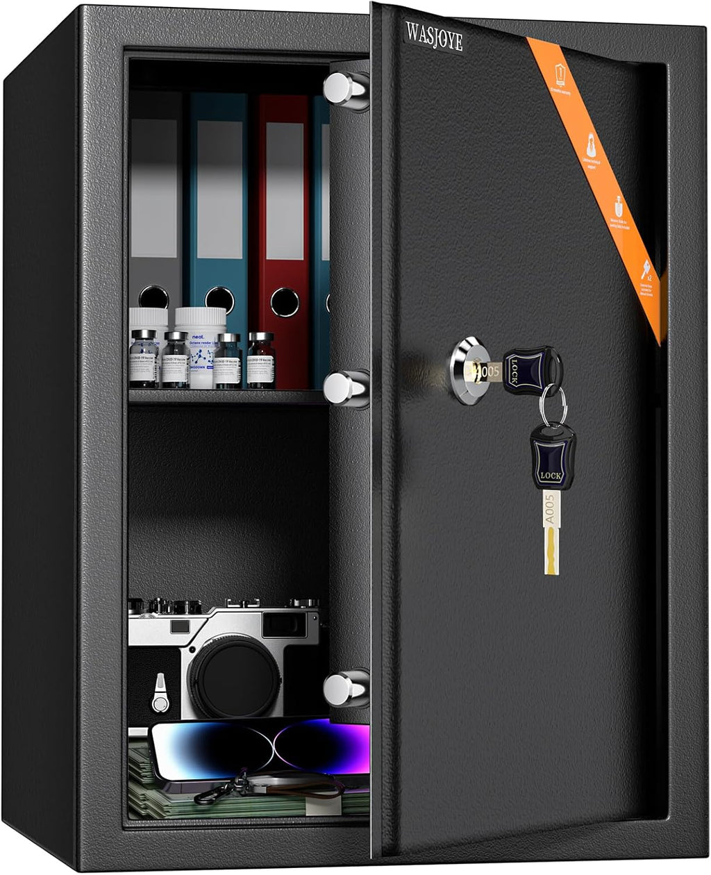 Safe with 2 Keys, WASJOYE Key Lock Box, 47L Home/Office Security Box, Steel Safe for Storing Money, Jewellery, Medicine, Phones, Documents, 45 x 35 x 31 cm