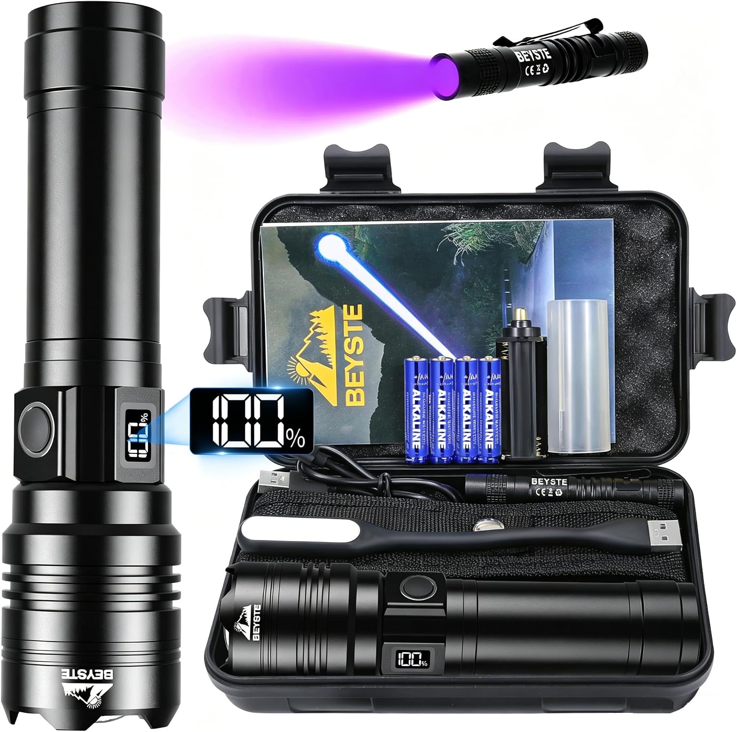 Ultra Powerful LED Torch 1,000,000 Lumens, 1520 M – Zoomable | 30W USB C Rechargeable Flashlight, IPX6 Waterproof Flashlight 5 Modes with Mini UV Torch for Camping, Hiking, Emergency