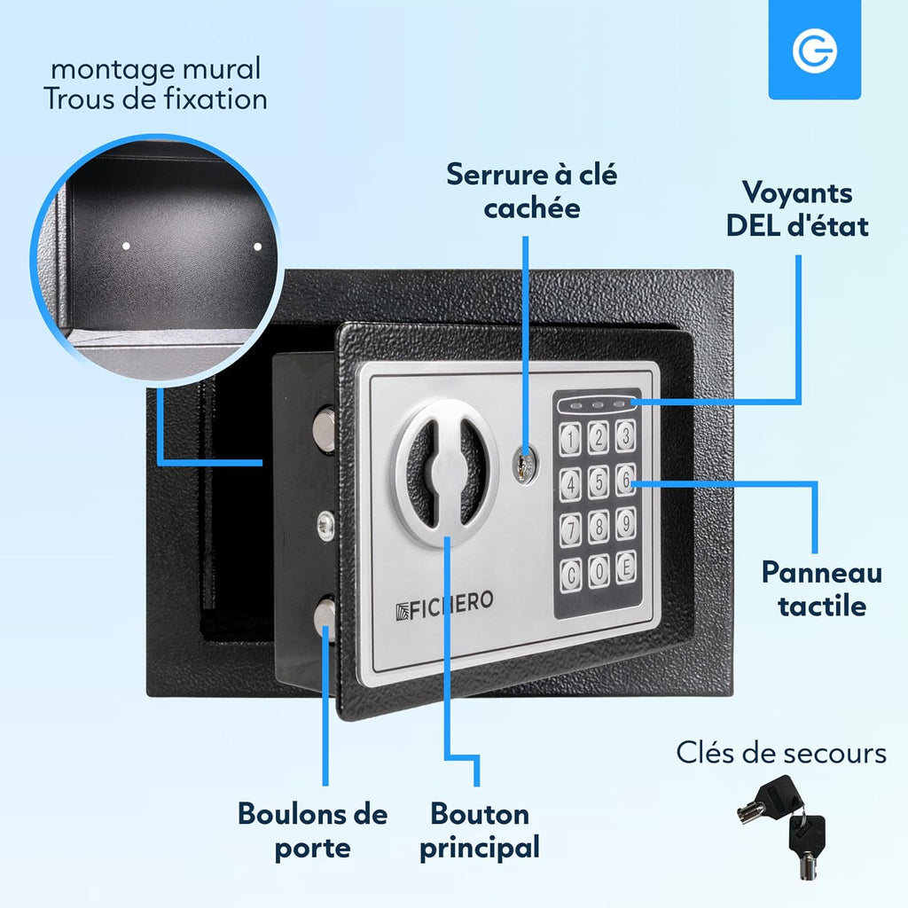 Silvergear Small Code Safe | Steel Safe with Electronic Lock with Digit Code | 2 Keys and Code for Storing Money, Jewellery & Valuables | 17 x 23 x 17 cm | Black