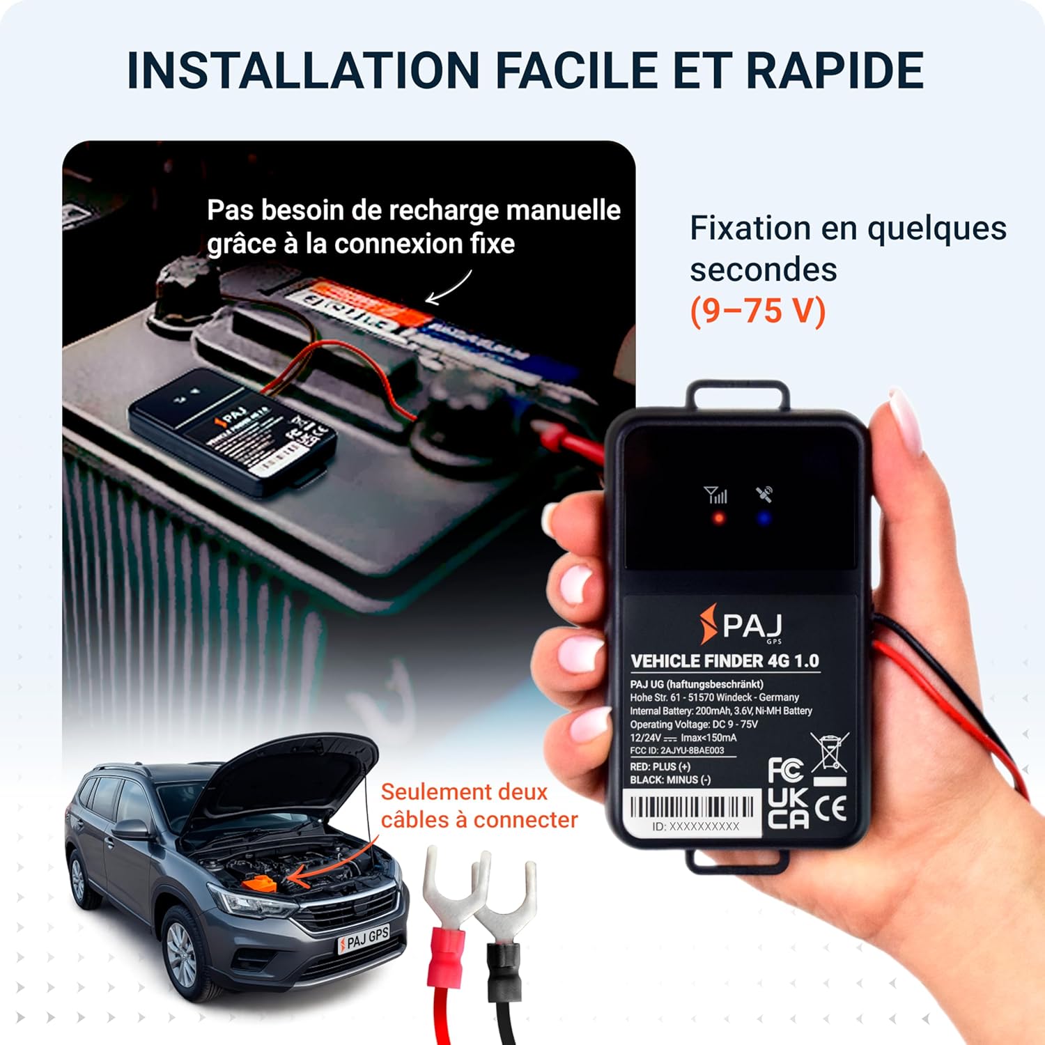 PAJ Vehicle Finder 1.0 4G GPS Tracker for Car, Motorcycle and Truck - Real Time Tracking, Safety Alerts, Journey History - Direct Connection to Battery - 40cm Cable