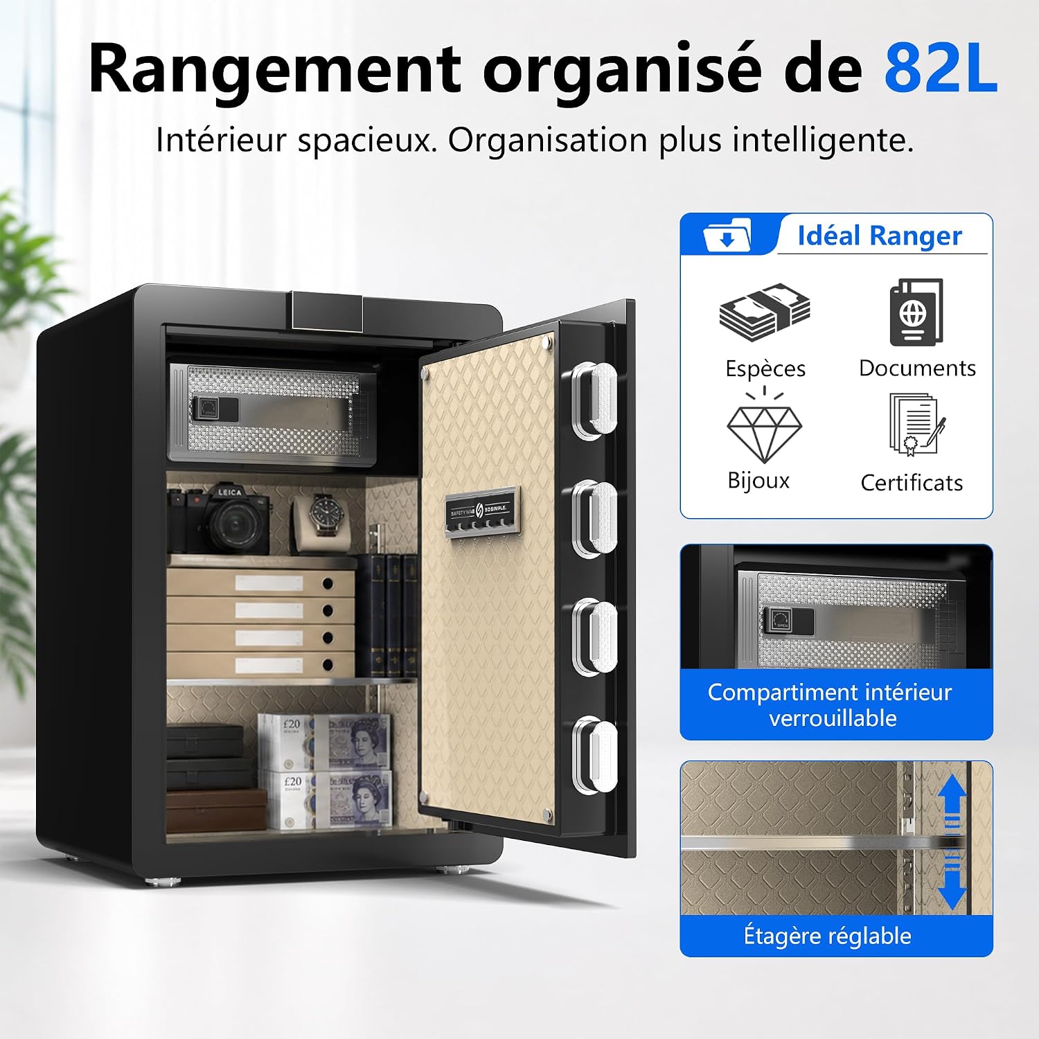 29 kg Heavy Duty Steel Safe 82L Electronic Safe with Digital Code and Key for Home and Office, Ideal for Jewellery, Money and A4 Documents, Instructions in French (Black, 82L)
