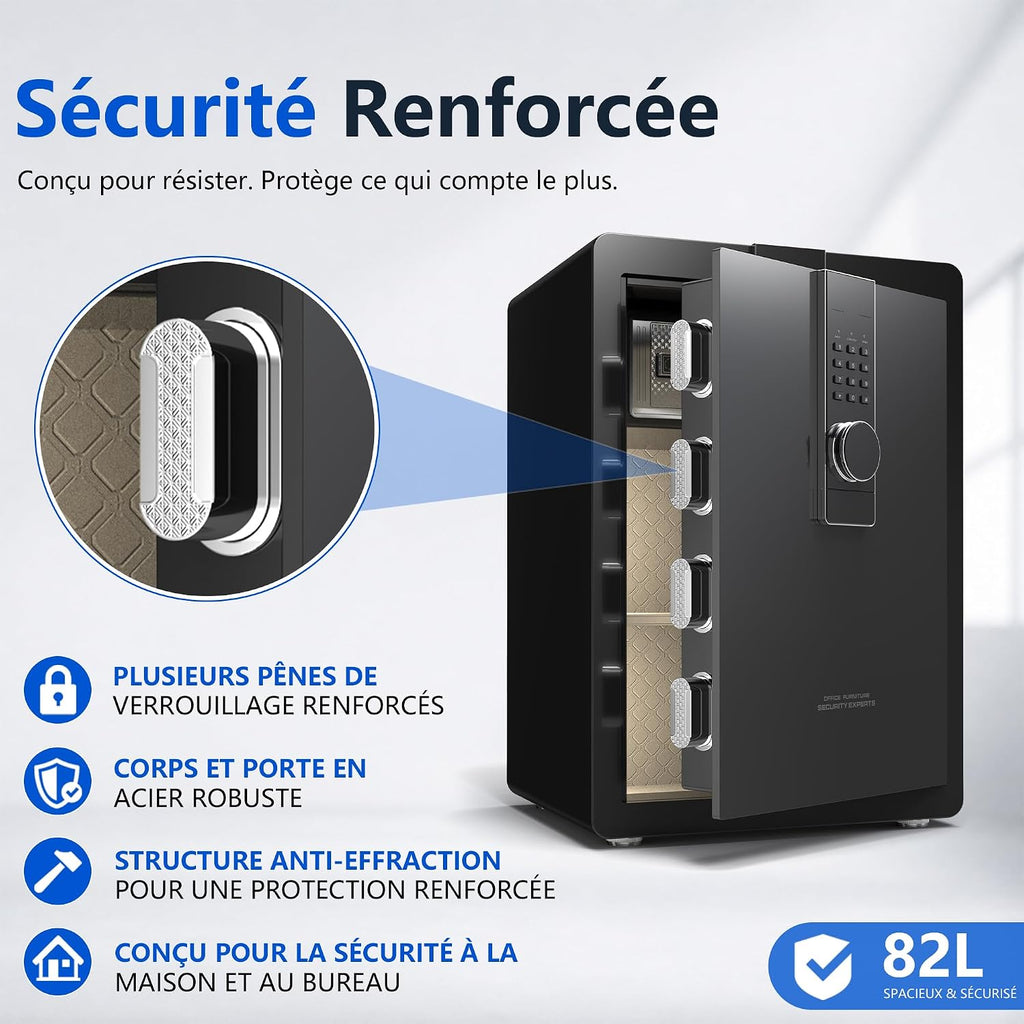 29 kg Heavy Duty Steel Safe 82L Electronic Safe with Digital Code and Key for Home and Office, Ideal for Jewellery, Money and A4 Documents, Instructions in French (Black, 82L)