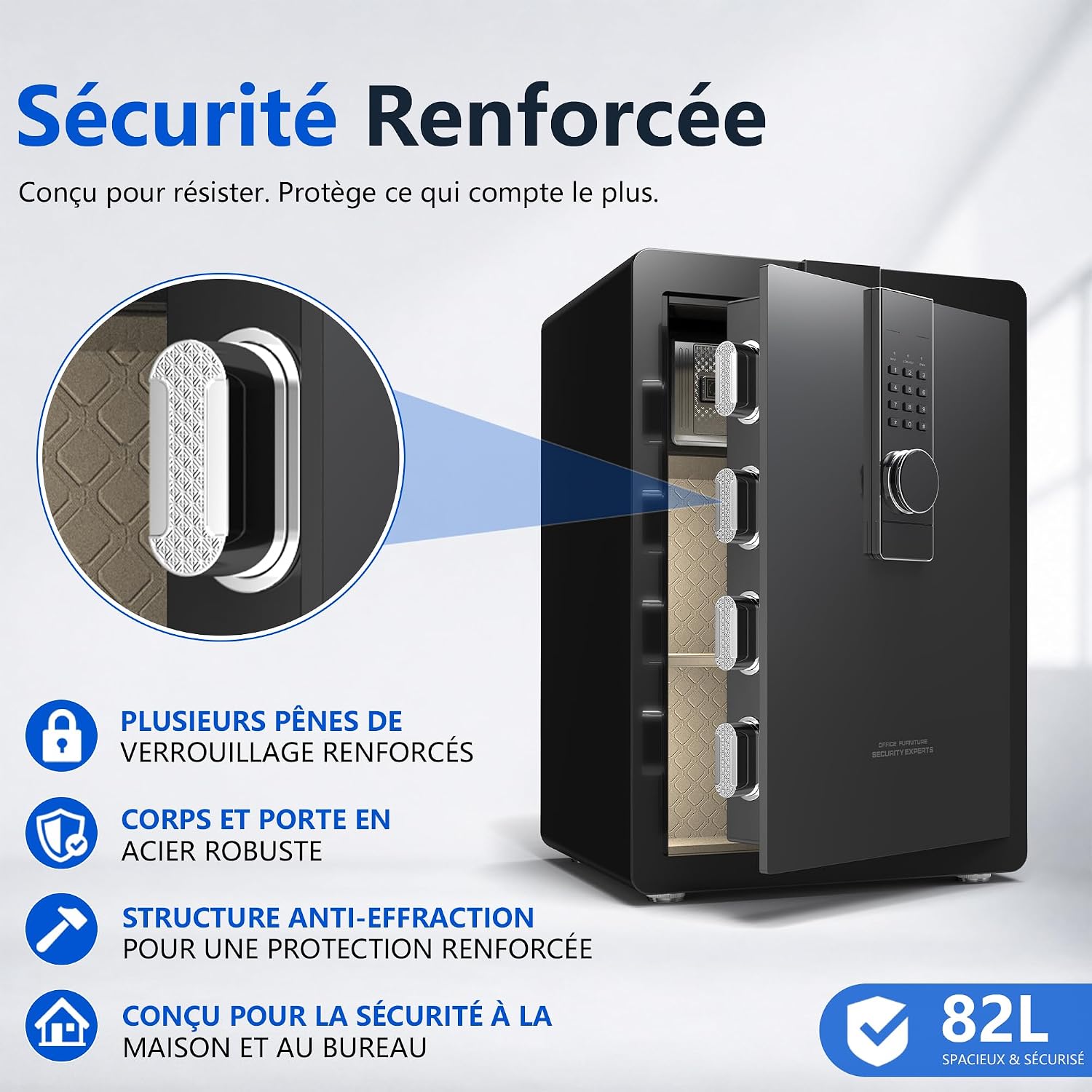 29 kg Heavy Duty Steel Safe 82L Electronic Safe with Digital Code and Key for Home and Office, Ideal for Jewellery, Money and A4 Documents, Instructions in French (Black, 82L)