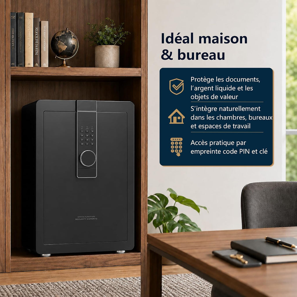29 kg Heavy Duty Steel Safe 82L Electronic Safe with Digital Code and Key for Home and Office, Ideal for Jewellery, Money and A4 Documents, Instructions in French (Black, 82L)