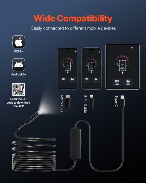 Endoscope Camera with Light, 1920P HD Borescope for Android & IOS, 8